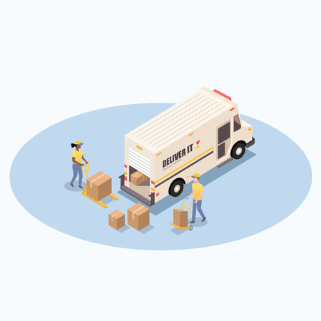 Isometric delivery truck with workers and boxes on the ground. Vector illustration.のイラスト素材