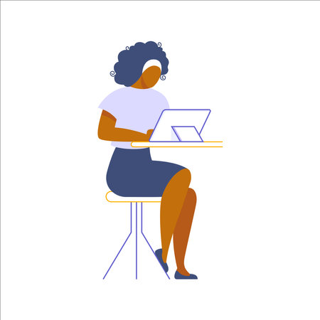 Woman sitting at desk and working on laptop. Vector illustration in flat styleのイラスト素材