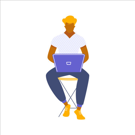 Young man with laptop and drum. Vector illustration in flat style.のイラスト素材