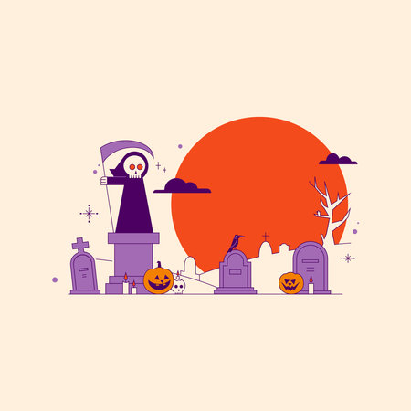 Halloween flat design concept. Vector illustration with cemetery, graveyard, skull, pumpkins, moon and stars.のイラスト素材