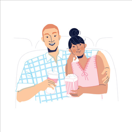 Couple in love, man and woman in pajamas eating popcorn and drinking coffee in bed. Vector illustration.のイラスト素材