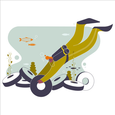 Scuba diving. Vector illustration in flat style. Sea life.のイラスト素材