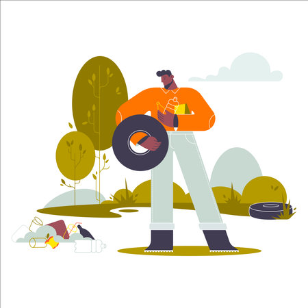 Man with tire in the park. Vector illustration in flat style.のイラスト素材