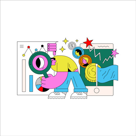 Funny cartoon man with a magnifying glass on the screen. Vector illustration.のイラスト素材