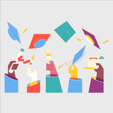 Vector illustration of a hand holding a glass of champagne and graduation cap.のイラスト素材