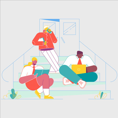 Business people sitting on stairs and working on laptop. Flat vector illustration.のイラスト素材