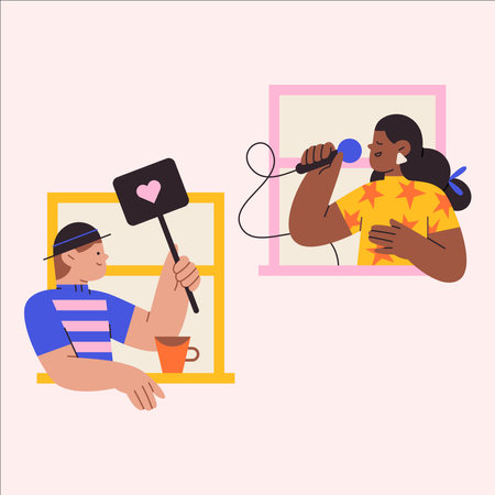 Man and woman singing karaoke together. Vector illustration in flat styleのイラスト素材