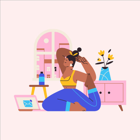 Young woman doing yoga at home. Vector illustration in flat styleのイラスト素材