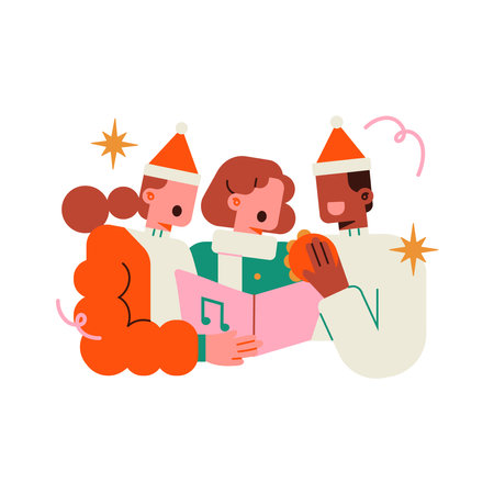 Couple in Santa Claus hats reading a book. Vector illustration.のイラスト素材