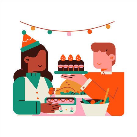 Birthday party. Happy couple eating cake. Flat vector illustration.のイラスト素材