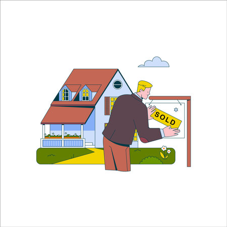 Real estate agent. Vector illustration in flat style. Man with a house for sale.のイラスト素材