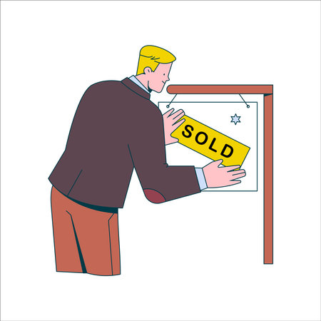Man in business suit pointing at a board with a sold sign. Vector illustrationのイラスト素材
