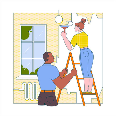 Man and woman are painting the wall of the house. Vector illustrationのイラスト素材