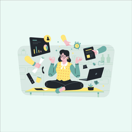 Business woman meditating in lotus position. Flat design vector illustration.のイラスト素材