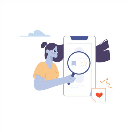 Woman searching for love with magnifier. Vector flat illustration in cartoon styleのイラスト素材