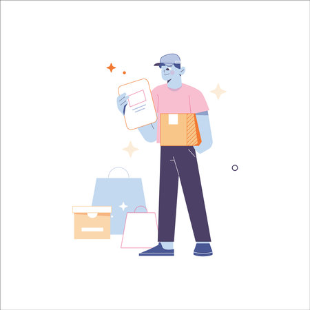 Delivery man with box and parcel. Vector illustration in flat style.のイラスト素材