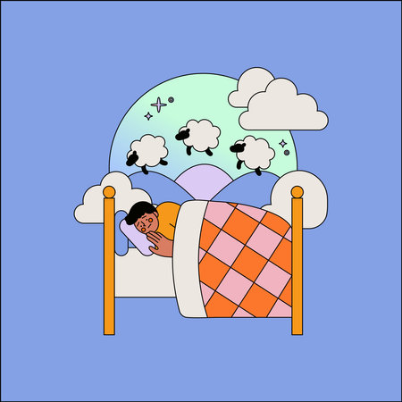Illustration of a boy sleeping in the bed. Vector illustration.のイラスト素材