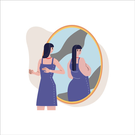 Pregnant woman looking at mirror. Vector illustration in flat styleのイラスト素材