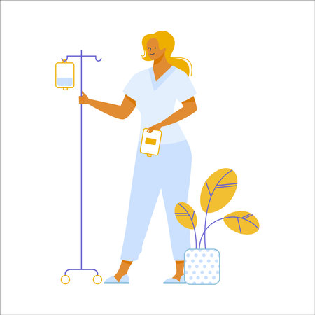 Nurse with IV bag. Flat style vector illustration isolated on white background.のイラスト素材
