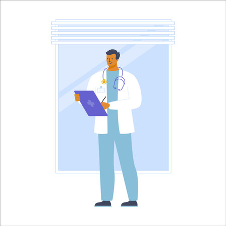 Male doctor with stethoscope and clipboard. Vector illustration in flat styleのイラスト素材