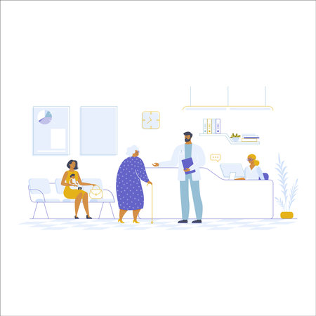 Elderly people in hospital flat vector illustration. Elderly female patient visiting doctor.のイラスト素材