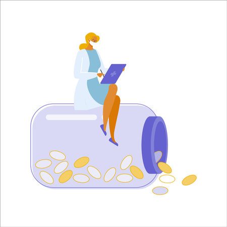 Vector illustration of a woman with a laptop sitting on a jar full of coins.のイラスト素材