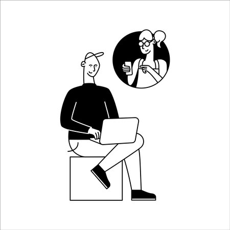 Vector illustration of a man with a laptop and a cup of coffeeのイラスト素材