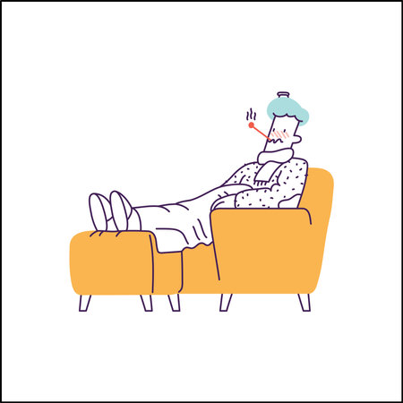 Sick man lying on sofa. Vector illustration in line art styleのイラスト素材
