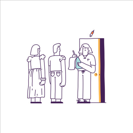 People in queue at the door. Vector illustration in thin line styleのイラスト素材