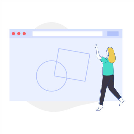 Vector Illustration of Woman Pointing to Blank Website with Copy Space.のイラスト素材