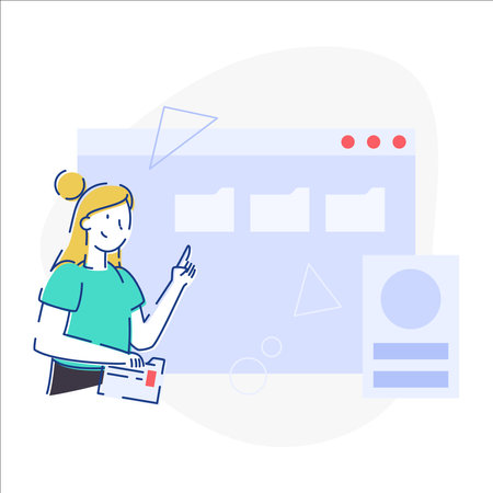 Vector illustration of woman working on web page. Flat style design.のイラスト素材