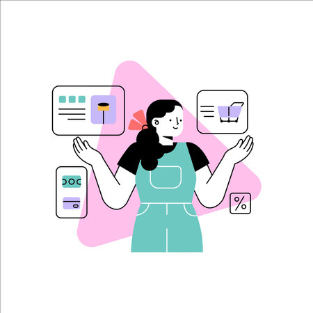Online shopping concept. Flat vector illustration of woman buying online with credit card and smartphone.のイラスト素材