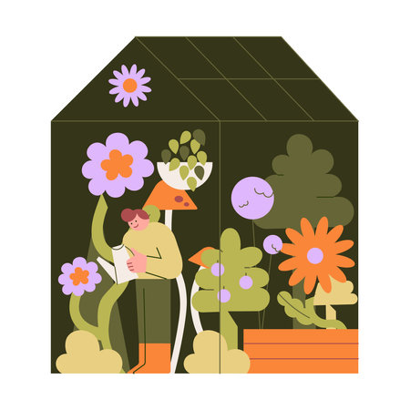 Vector illustration of a greenhouse with plants and flowers. Flat style.のイラスト素材