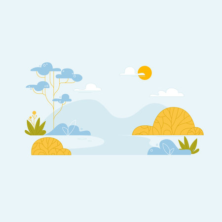 Landscape with trees and clouds in flat style. Vector illustration.のイラスト素材