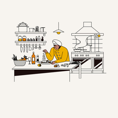 Vector illustration of a woman cooking in the kitchen. Linear style.のイラスト素材