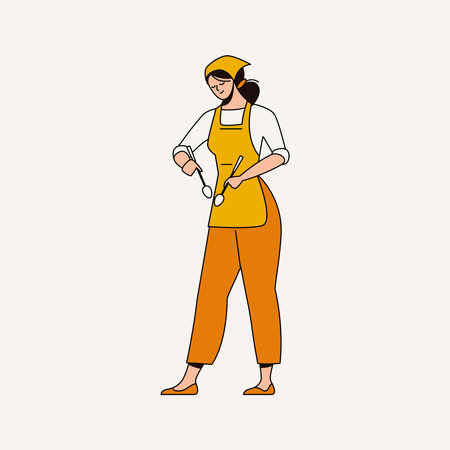 Vector illustration of a woman in uniform and apron with a brush in her handのイラスト素材