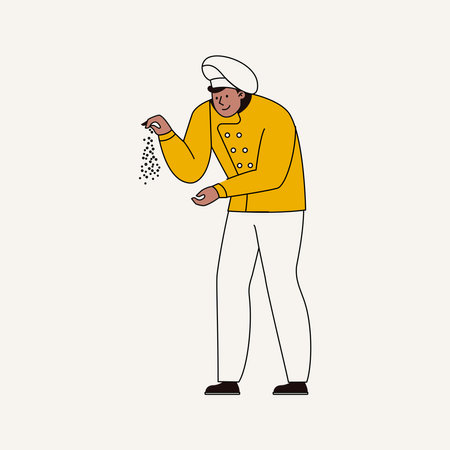 Vector illustration of chef in uniform and hat sprinkling salt. Flat style.のイラスト素材