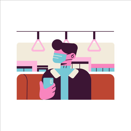 Man in medical mask using mobile phone. Vector illustration in flat styleのイラスト素材
