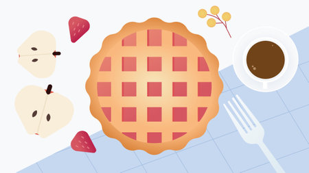 Illustration of a pie with a cup of coffee and a fork.