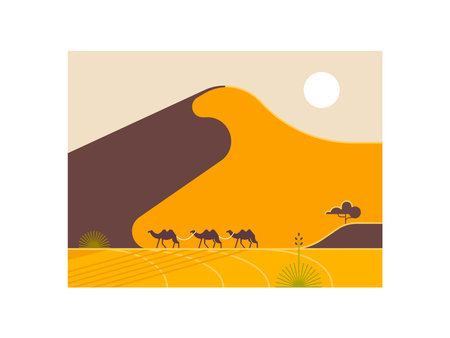 camel caravan on desert sand landscape vector illustrationのイラスト素材