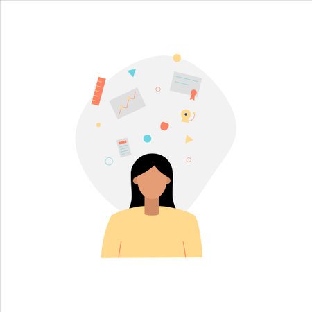 Business woman with business icons. Vector illustration in a flat style.のイラスト素材