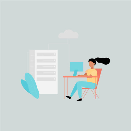 Woman working at the computer in the office. Vector illustration in flat styleのイラスト素材