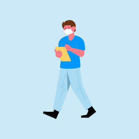 Man in medical mask with tablet. Vector illustration in flat style.のイラスト素材