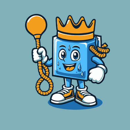 King ice cube mascot cartoon vector illustration. Ice cube king character.のイラスト素材