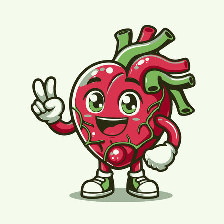Smiling red heart mascot cartoon character with two fingers. Vector illustrationのイラスト素材