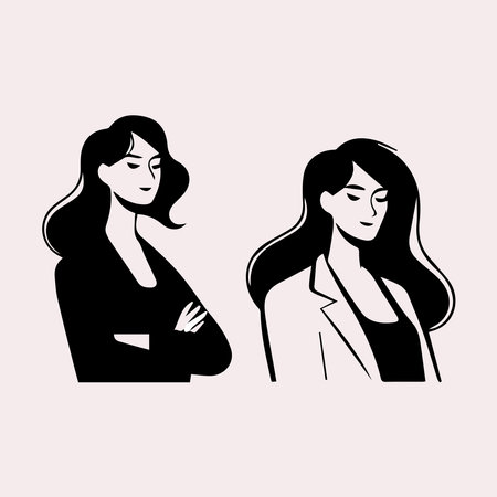 Vector illustration of two women in business suits. One is sad and the other is smiling.のイラスト素材