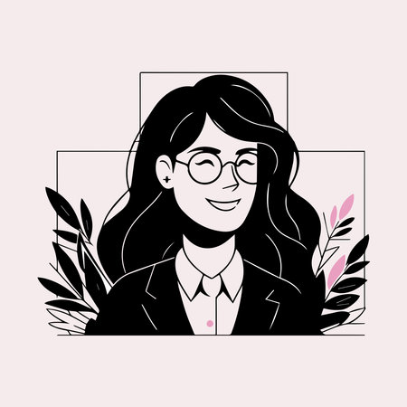 Vector illustration of a girl in a business suit with glasses and a frame of leaves.のイラスト素材