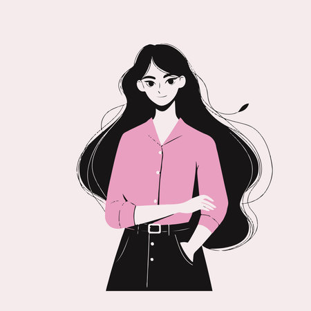 Vector illustration of a beautiful young woman with long hair in a pink shirt.のイラスト素材