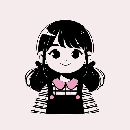 Cute little girl in apron. Black and white illustration.のイラスト素材
