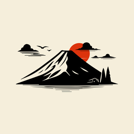 Mountains and sun. Silhouette of the volcano. Vector illustrationのイラスト素材
